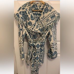 Vintage teal/off white festival style fringe knitted cardigan.